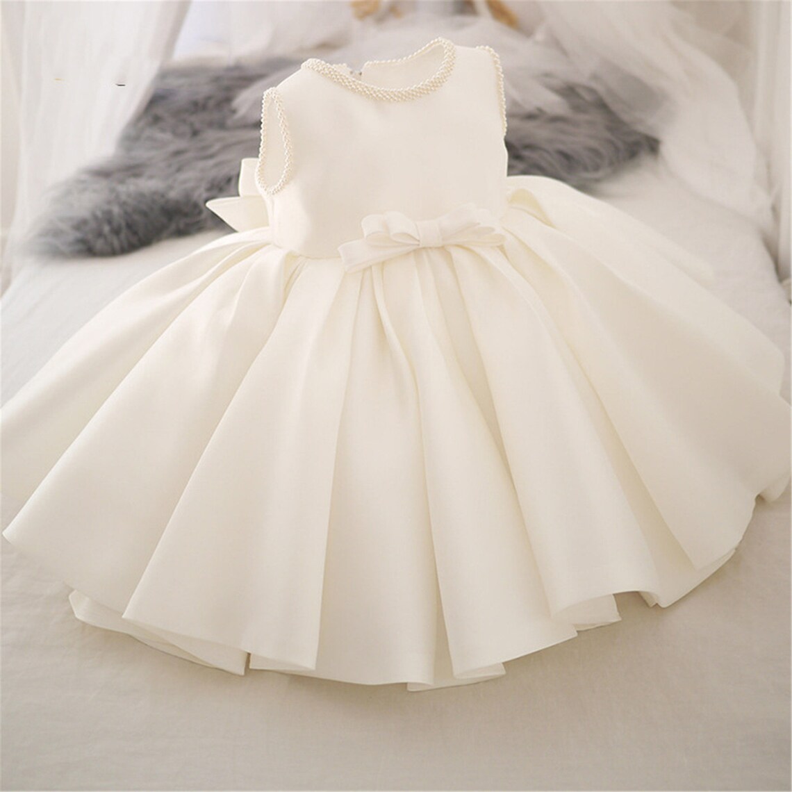 Pearls Neckline White Satin Dress Flower Girl Dress Pearls Etsy
