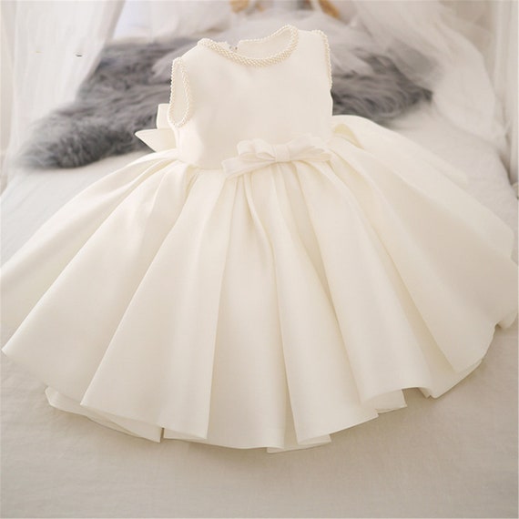 Satin Dress Beaded Short Sleeves Baby Dress 18 Months / White