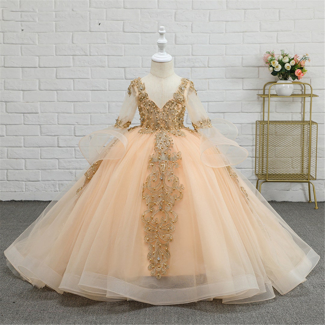 Gold Lace Applique Girls Dress Champagne Flower Girl Dress - Etsy