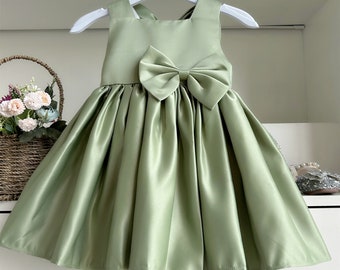 Sage Green Baby Girl Dress, Satin Dress Sage Color, Toddler Girl Dress, Flower Girl Dress for Wedding, Birthday Dress, Detachable Back Bow