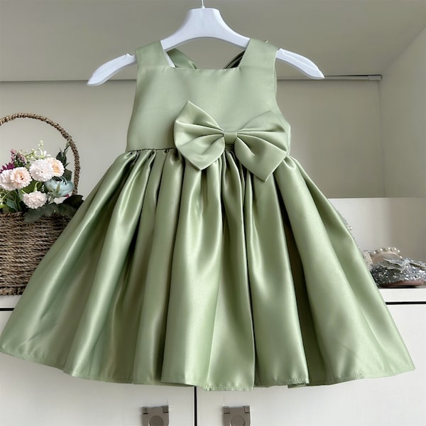 Sage Green Baby Girl Dress, Satin Dress Sage Color, Toddler Girl Dress, Flower Girl Dress for Wedding, Birthday Dress, Detachable Back Bow