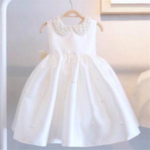 Pearls Neckline Baby Girl Dress, Collared Dress, Wedding Flower Girl Dress, White Satin Dress, Birthday Dress Toddler Dress Kids Dress
