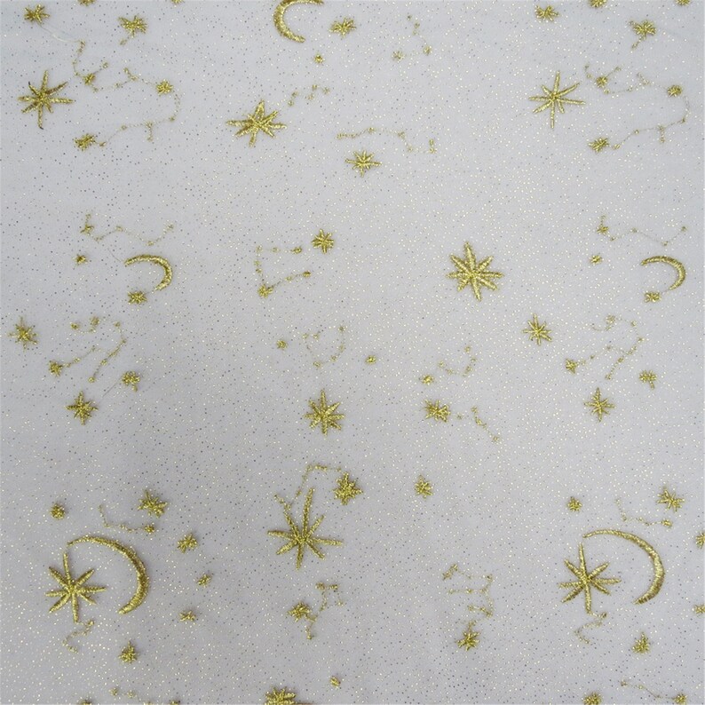 1 yard 50 width Super Beautiful gold glittering tulle moon and stars gold embroidery tulle fabric fashionable mesh fabric by the yard