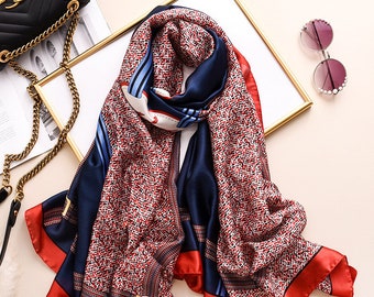 SATIN NECK SCARF LIGHT WEIGHT ALL SEASON FEATHER DESIGN COLOR BROWN