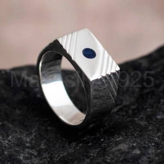 Men's Ring With a Blue Sapphire. Custom Engraved Etsy