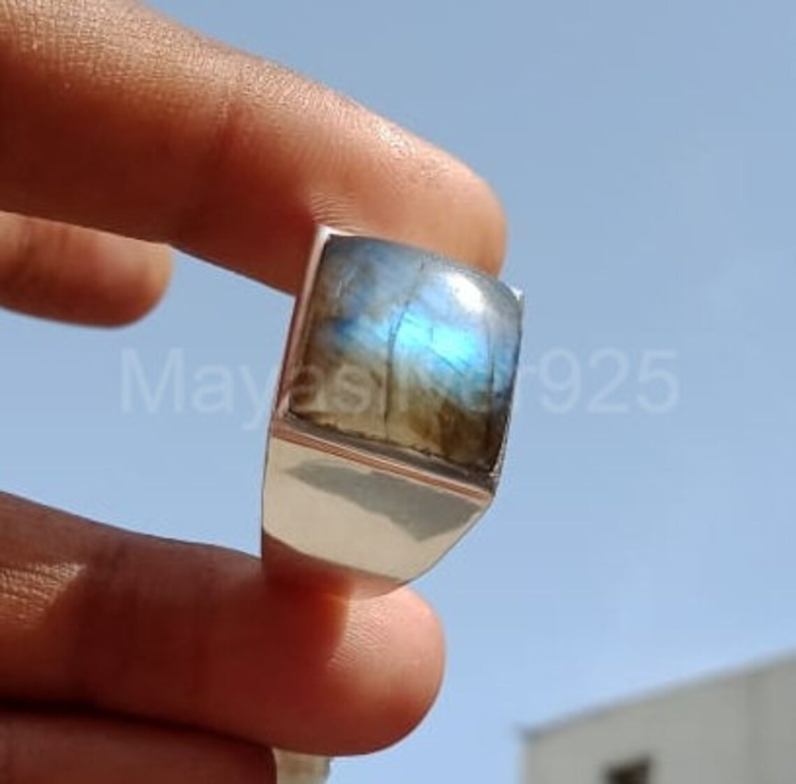 Natural Blue Fire Labradorite Mens Ring Solid 92.5 Etsy