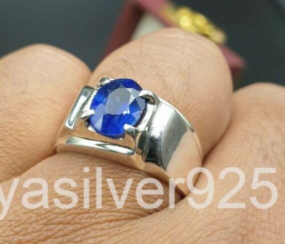 925 Silver Men Rings Signet Sapphire Ring Shiny Silver Men Ring