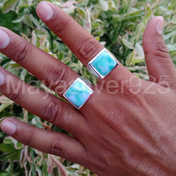 Bague pour homme en larimar naturel, bague pour homme en larimar dominicain, bague personnalisée, cadeau de Noël, cadeau mari, chevalière, vente de Noël