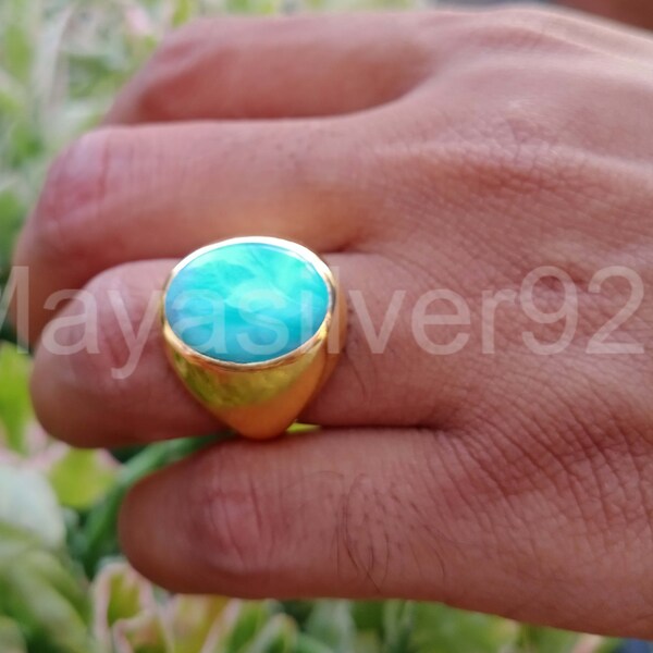 Bague en larimar naturel pour homme, bague pour homme en larimar dominicain, bague personnalisée, bague en or rempli, bague martelée, chevalière, bague pour homme vintage