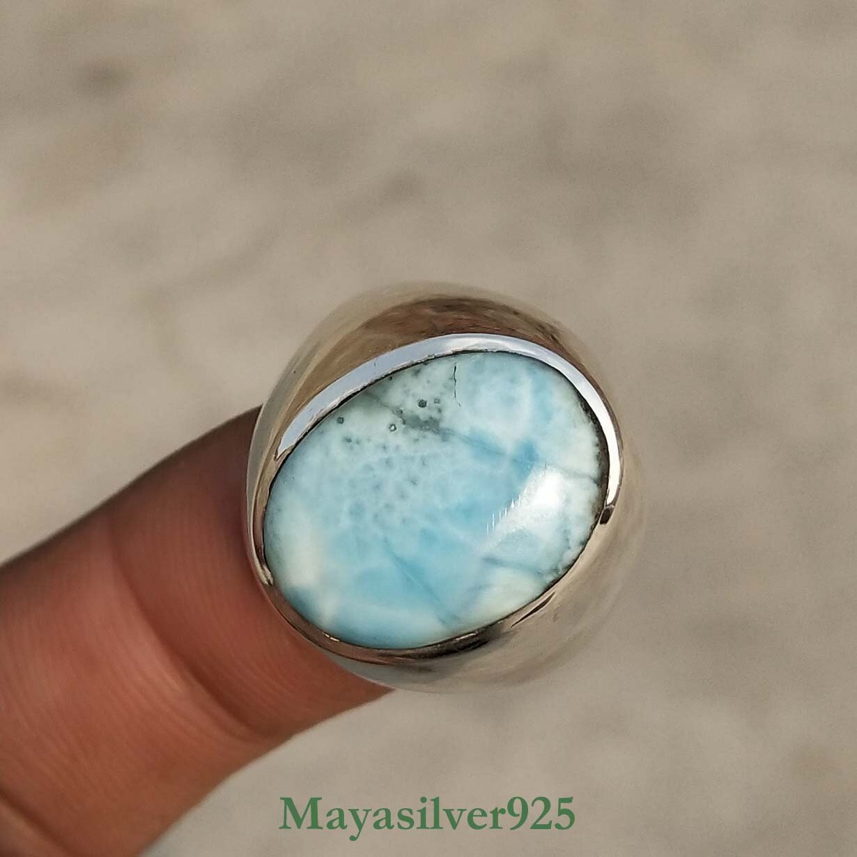 Solid 92.5 Sterling Silver Mens Ring Ocean Larimar Gemstone Etsy
