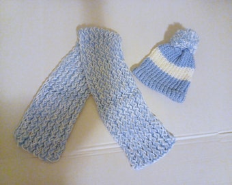 Handmade Kids Boys Girls Toddler Blue and White Hat and Scarf Set Christmas