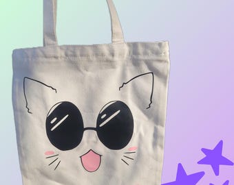 Kawaii Sorcerer Gojo Cat Pocket Canvas Tote Bag w/ Pocket