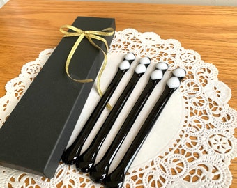 4-6” Handmade Black & White Diamond Glass Swizzle Stick Set