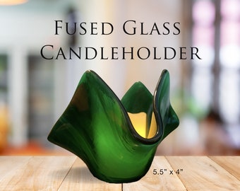 Green Streaky Glass Candleholder, Vase, Glass Art