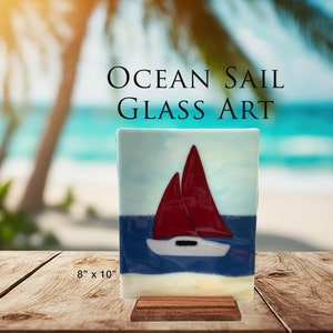 Ocean View Sailboat with Oak Stand, Fused Glass Art, Beach Decor