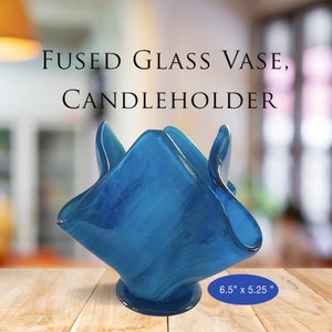 Blue Wispy Glass Vase, Candle Holder, Glass Art