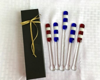 5-Handmade Patriotic Red, White, Blue Glass Swizzle Sticks + Gift Box