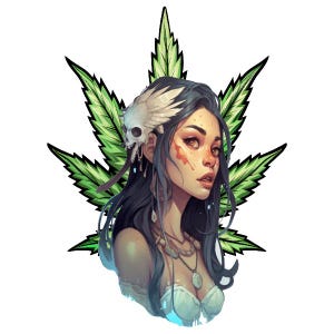 May include: A digital illustration of a woman with long dark hair and a skull headdress. She is surrounded by a large green marijuana leaf.