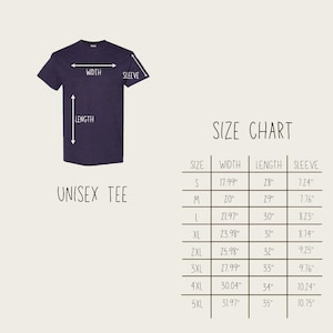 May include: A navy blue unisex tee shirt with measurements for width, length, and sleeve length. A size chart is included, with sizes ranging from S to 5XL, and measurements in inches.
