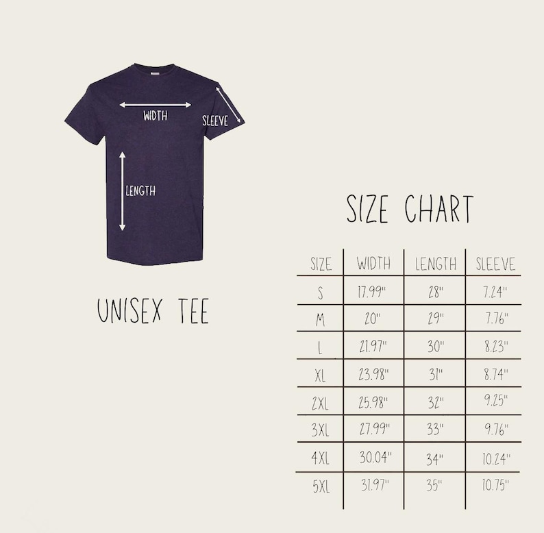 May include: A navy blue unisex tee shirt with measurements for width, length, and sleeve length. A size chart is included, with sizes ranging from S to 5XL, and measurements in inches.