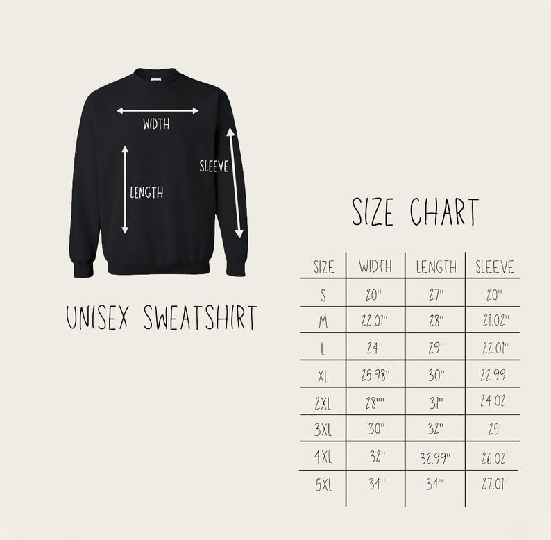 May include: Black unisex sweatshirt with size chart. The size chart shows measurements for width, length, and sleeve length in inches for sizes S through 5XL. The sweatshirt measurements are indicated with arrows.