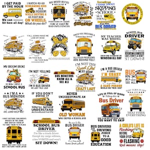 Puede incluir: Una colección de diseños con temática de autobús escolar amarillo con varios textos, incluyendo "Bus Driver Besties", "I'm a Bus Driver" y "School Bus Driver". Las imágenes presentan ilustraciones de autobuses escolares y frases relacionadas.