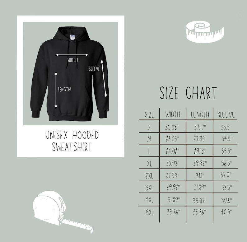 May include: A black unisex hooded sweatshirt with a size chart. The size chart shows measurements for width, length, and sleeve length in inches for sizes S through 5XL. The sweatshirt has a hood and a front pocket.