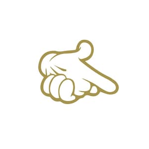May include: A cartoon hand pointing to the right, drawn in a gold outline.