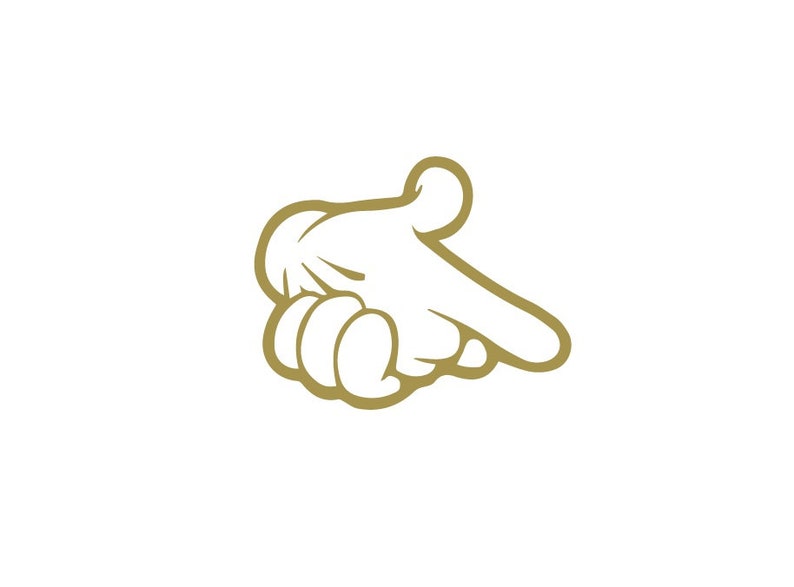May include: A cartoon hand pointing to the right, drawn in a gold outline.