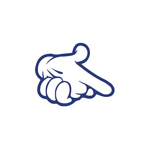 May include: A cartoon hand pointing with the index finger extended and the other fingers curled in. The hand is outlined in blue.