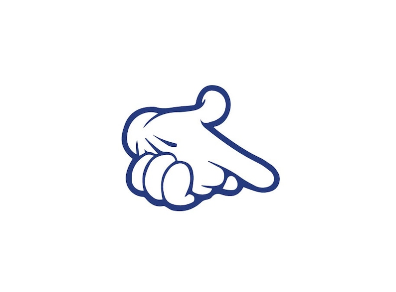 May include: A cartoon hand pointing with the index finger extended and the other fingers curled in. The hand is outlined in blue.