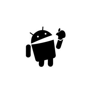 May include: A black and white illustration of an Android robot holding an apple in its right hand.