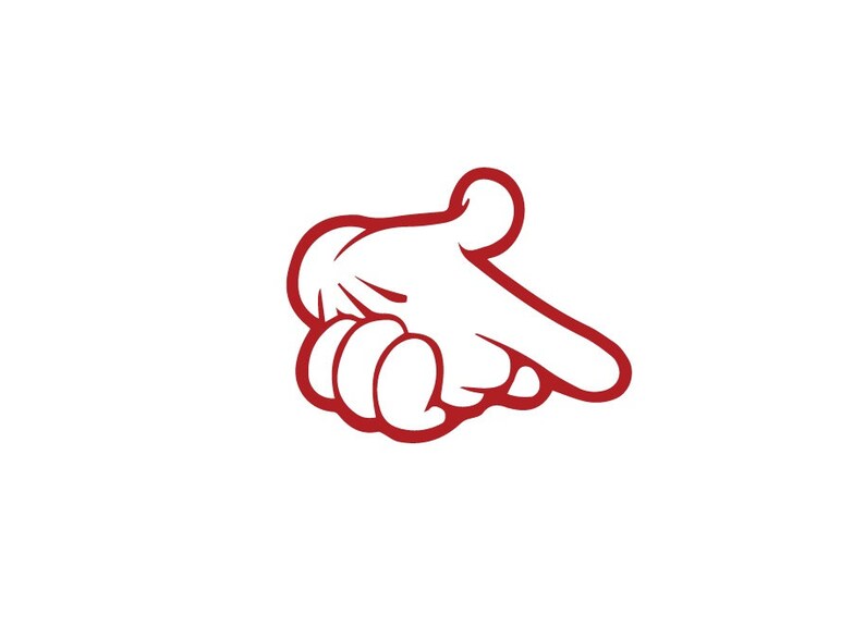 May include: A red outline of a cartoon hand pointing to the right.