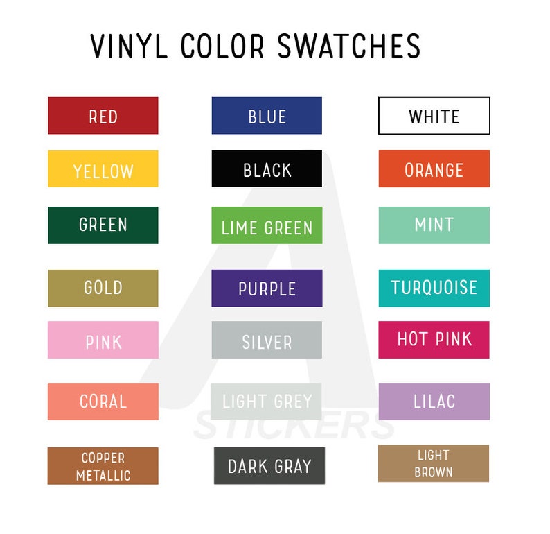 May include: Vinyl color swatches chart with 18 different colors, including red, blue, white, yellow, black, orange, green, lime green, mint, gold, purple, turquoise, pink, silver, hot pink, coral, light grey, lilac, copper metallic, and dark grey.
