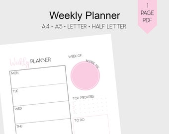 Weekly Planner Printable, Weekly Organizer, To do List, Weekly Schedule, Pink Planner, Simple Weekly Planner, A4 Planner, A5 Weekly insert