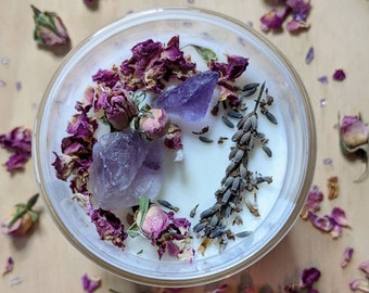 Sacred Amethyst Crystal Soy Candle with Certified Organic Lemongrass Essential Oil