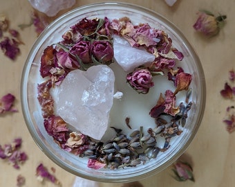 Sacred Rose Quartz Crystal Soy Candle scented with certified Organic Lemongrass Essential Oil: