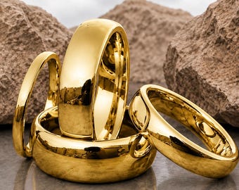 Anillo de tungsteno dorado Comfort Fit 2mm 4mm 6mm 8mm, media cúpula, anillo de compromiso unisex chapado en oro de 24 quilates.