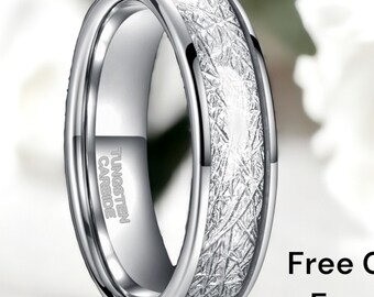 Bague en tungstène de 6 mm pour homme, dôme en argent poli avec incrustation de météorite, alliance pour femme, bague de promesse.