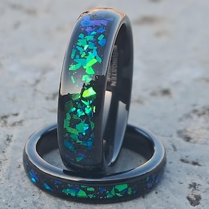 Tungsten Galaxy Opal Ring: Polished Comfort Fit Wedding Band