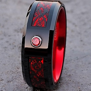 Bagues en tungstène noir de 8 mm avec incrustation de dragon celtique rouge – Alliances élégantes pour hommes, design unique et durable