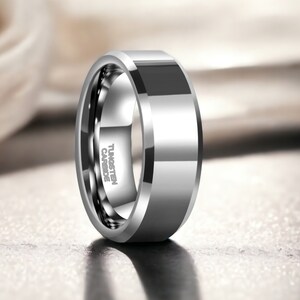8mm silver tungsten ring crafted for only men Featuring a high-polished finish, this wedding elegance and exceptional durability.