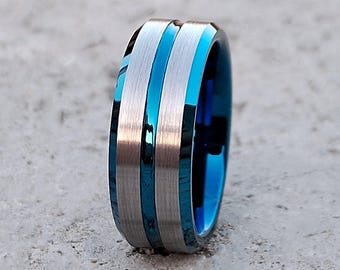 8 mm Tungsten Ring Zilver Geborsteld Dunne Blauwe Lijn Inlay Heren Verlovingsringen, Blauwe Trouwring | Jubileumring | Zilver Tungsten
