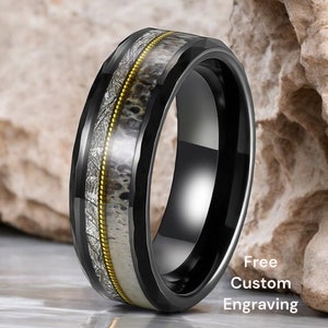 8mm Hammered Black Tungsten Ring with Gold Guitar String, Antler, and Silver Silk Inlay – Unique Men&#39;s Wedding Band FREE CUSTOM ENGRAVING