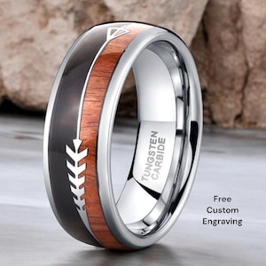 8mm Men&#39;s Tungsten Rings with Koa, Zebra Wood, Deer Antler, and Arrow Inlay – Viking Hunting Bands Free Custom Engraving