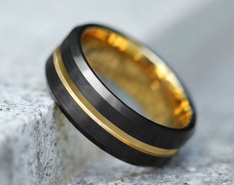 Tungsten Ring, Men's Tungsten Wedding Band, Men's Black Wedding Band, Black Tungsten Ring, Yellow Gold Tungsten Ring, Yellow Gold Band