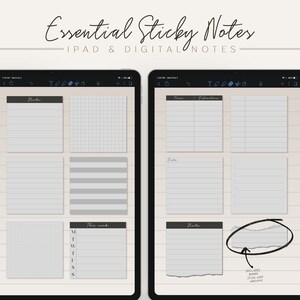 May include: Two iPad screens displaying digital sticky notes for iPad and digital note-taking. The notes include lined, grid, and plain paper styles. The notes are labeled "Note", "Terms", "Definitions", "Date", and "This Week".