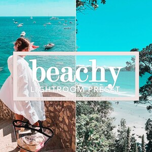 May include: A collage of two images featuring a beach scene. The top image shows a woman wearing a white shirt and a clear bag with a Prada logo. The bottom image shows a beach with turquoise water and white sand. The text "beachy LIGHTROOM PRESET" is superimposed on the images.