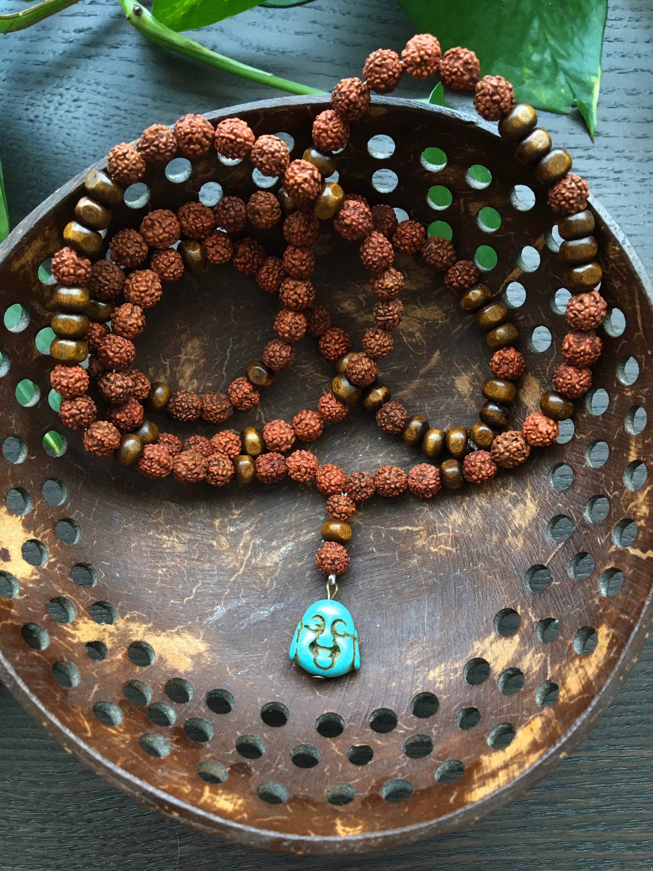 Turquoise happy buddha with wooden beads & rudrakshas mala for Etsy