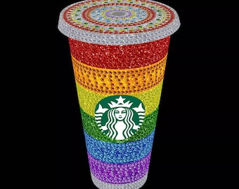 May include: A reusable, rainbow-colored, glitter-covered, Starbucks cup with the Starbucks logo.